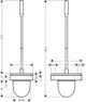 Technische Zeichnung eines Toilettenbürstenhalters mit Abmessungen und Montageinformationen. AXOR-Design für Wandmontage, geometrische Form und Materialien werden dargestellt.
